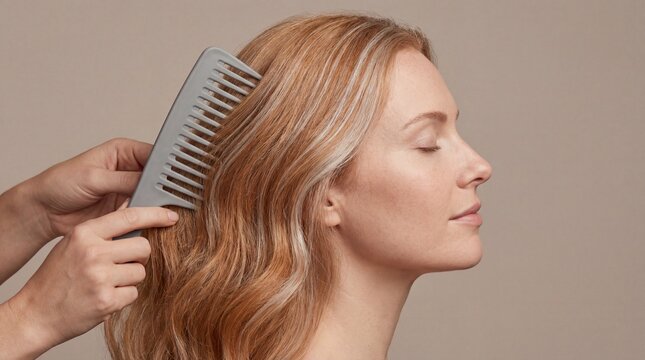 Close-up of a woman with long blonde hair being combed
