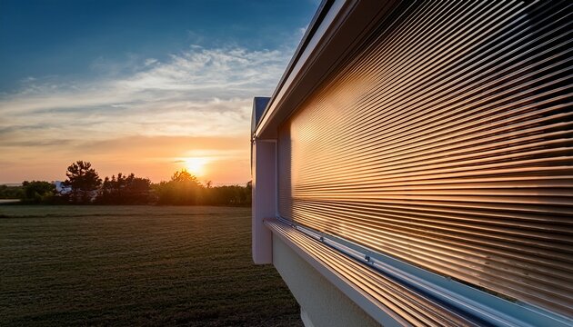 close up of modern roller shutter system with electric motor at sunrise showcasing sleek design and technology against a soft pastel sky