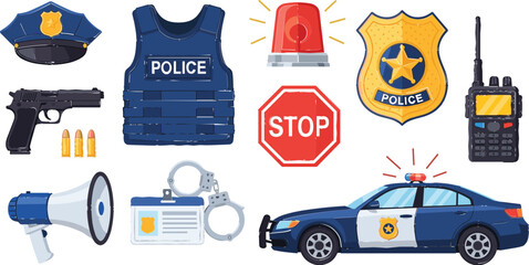 Police Equipment and Law Enforcement Icon Set Featuring Badge, Patrol Car, Handcuffs, Radio, Gun, Vest, and Emergency Siren © ARIFUL