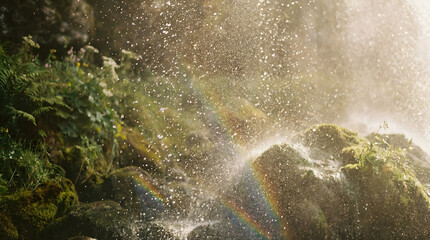 Fototapeta premium Waterfall Cascades with Rainbow Mist Over Foliage, Tranquil View from the Edge of a Lush Valley