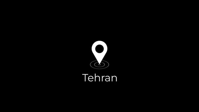 tehran location pin with signal waves animation on dark background gps navigation map marker.