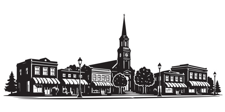 Small Town Main Street Silhouette, Silhouette Vector, Isolated on White Background
