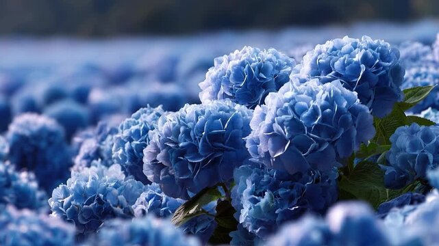 Soft blue hydrangeas bloom in vast, dreamy field