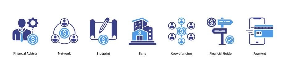 Fototapeta premium Financial Services web banner vector illustration featuring Financial Advisor, Network, Blueprint, Bank, Crowdfunding, Financial Guide, and Payment.