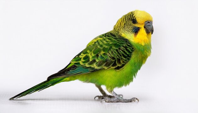 a green and yellow bird with a black beak stands on a white background