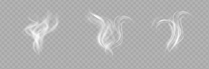 Fototapeta premium Realistic white cloud or fire smoke in the sky and vector weather element on transparent background. Chimney smoke, fog wave or cloud pattern with overlay effect. Cloud art or smoky air illustration.