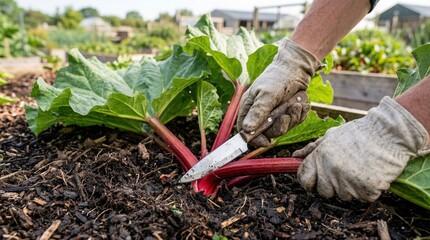 Fototapeta premium Person in gloves harvesting fresh red rhubarb stalks with a knife from a garden bed.