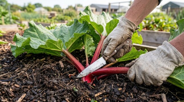 Person in gloves harvesting fresh red rhubarb stalks with a knife from a garden bed.