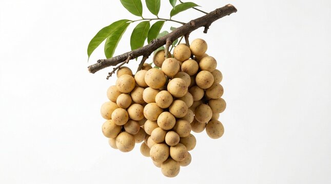 A close-up shot of fresh, ripe Langsat fruit clusters hanging from a branch with green leaves against a white background.
