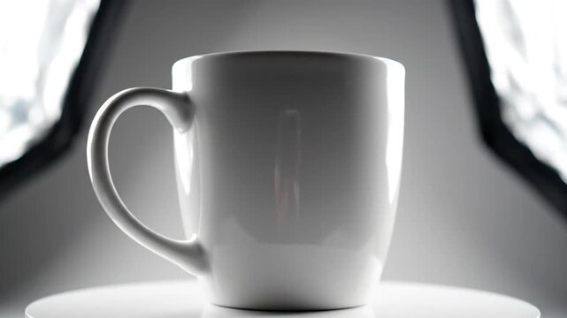 A blank white ceramic mug rotates on a white surface in a bright studio.