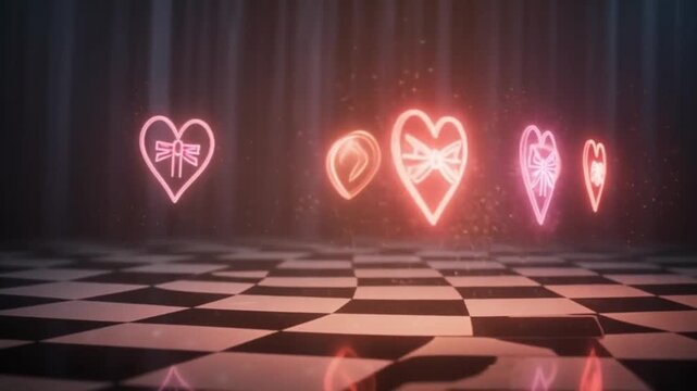 A video showcasing vibrant neon hearts glowing in a dark room with a checkered floor