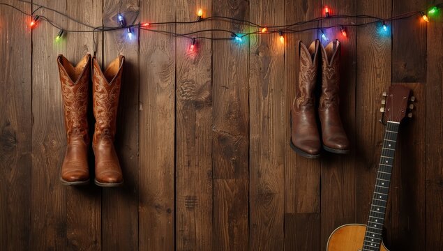 A timber wall featuring worn cowboy boots