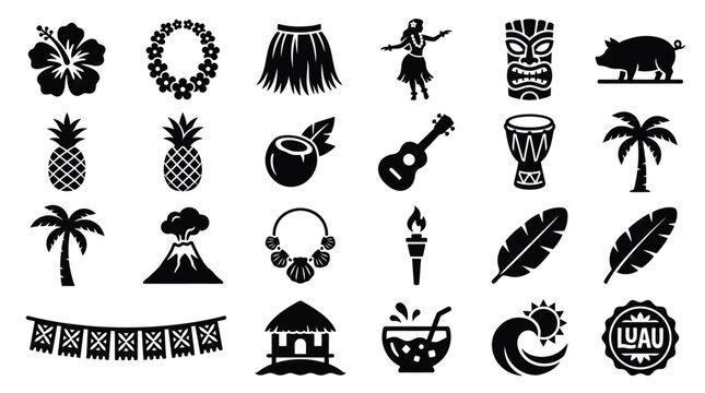 A collection of black and white vector icons representing various elements of Hawaiian culture and tropical themes, including flora, fauna, traditional items, and activities.