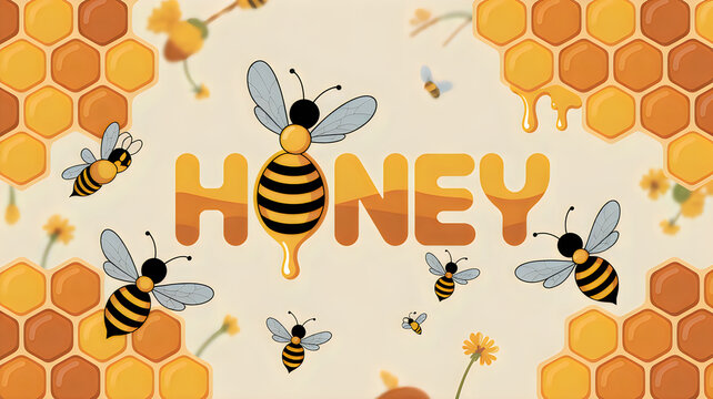 Bees buzzing around a honeycomb with the word honey highlighted in the center
