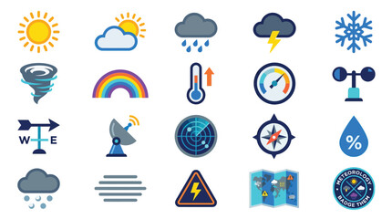 Fototapeta premium A comprehensive collection of weather-related icons, illustrating various meteorological phenomena and forecasting tools.