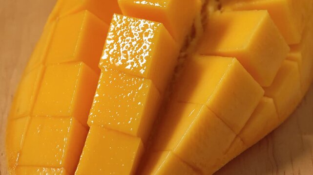 Close-up video of a slice ripe mango