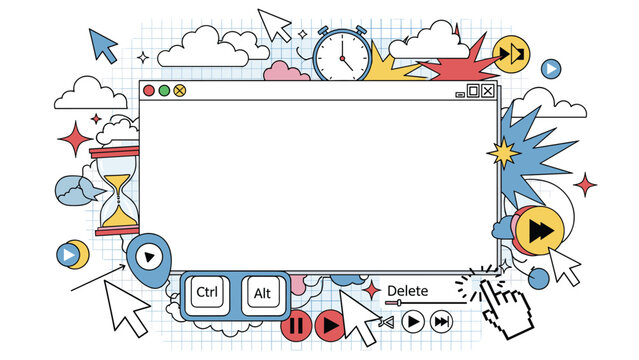 Retro computer interface design features a blank central window surrounded by nostalgic icons such as an hourglass and various cursors.