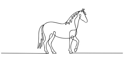 horse continuous one line drawing, One continuous line illustration of an horse modern minimalist vector. Elegant one line drawing of a horse in a dynamic galloping pose, Continuous line drawing horse © DESIGN LINE