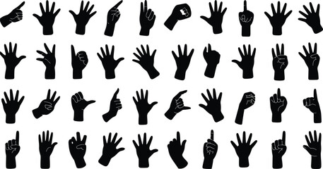 Collection of Black Hand Gestures Silhouettes Showing Numbers and Signals vector