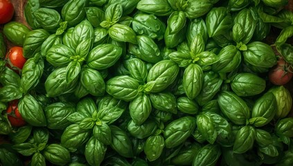 Basil leaves occupy the space