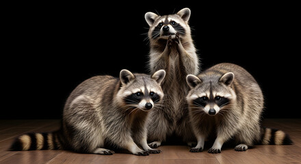 Fototapeta premium A close-up of a cute wild raccoon with a distinctive mask and thick fur standing isolated on a black background