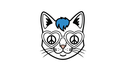 Obraz premium Quirky illustration depicts a white cat wearing heart-shaped sunglasses with peace symbols and sporting a stylish blue hair tuft.