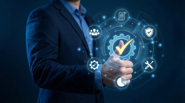 A businessman in a suit displays a confident thumbs-up, highlighting a glowing gear icon with a checkmark, surrounded by business and process management symbols.