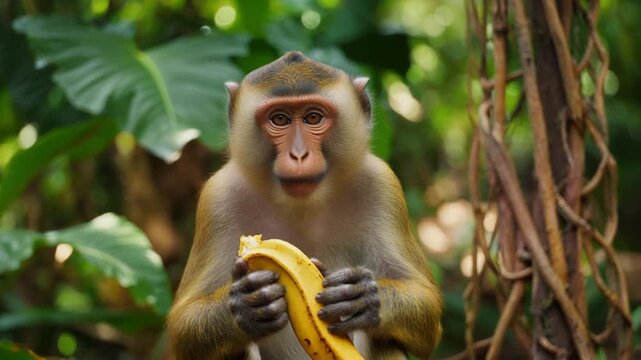 Baby macaque sitting on a tree branch in the jungle