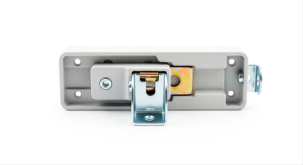 Sturdy safety gate latch isolated on a clean white background, showcasing metallic finish and secure locking mechanism, studio lighting