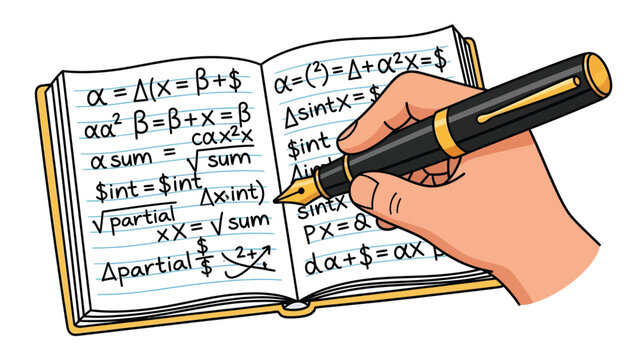 Hand with fountain pen writing complex math equations in an open notebook illustration