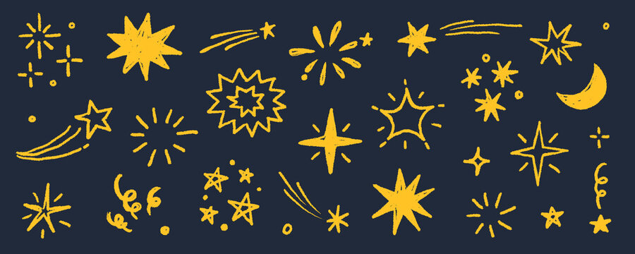 Star gold sticker icon collage set. Star icon sketch hand drawn line brush crayon texture vintage background. Cute kid magic twinkle sparkle, glow moon, space figure. Vector illustration
