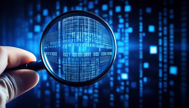 a magnifying glass examines blue binary code illustrating the importance of data analysis in digital advertising and marketing research