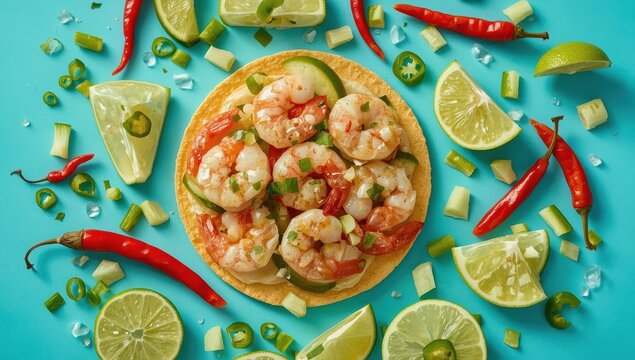 Classic Mexican shrimp aguachile on a blue backdrop