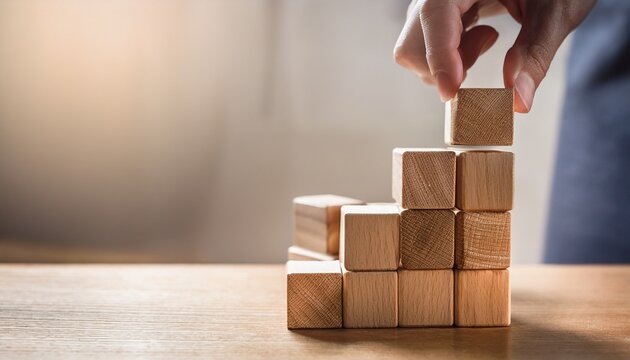 hand is touching a stack of wooden blocks