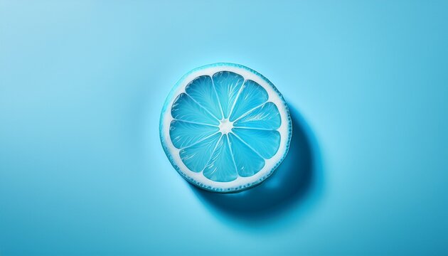 soothing summer vibes are evoked by a serene blue lemon slice on a soft pastel blue background