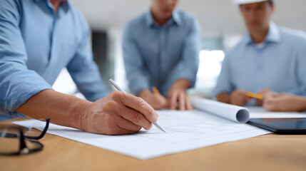 Fototapeta premium Architects Collaborating On Blueprints For A Construction Project