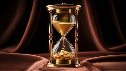 Golden hourglass with coins on elegant brown fabric background