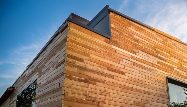 wood texture composite cladding installation on modern house facade with wpc exterior wall siding panels wood texture
