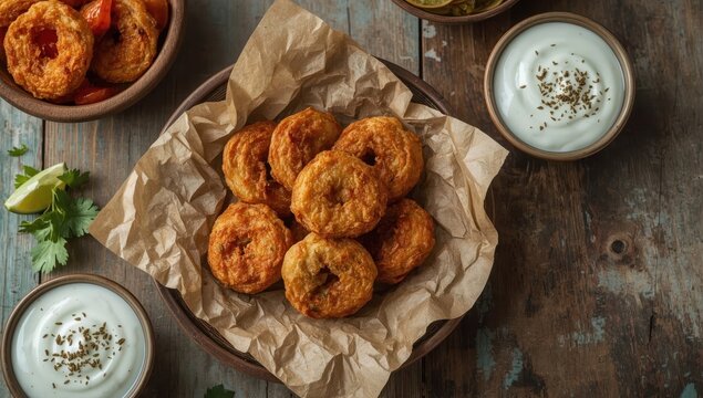 Close-up of crispy onion bhajis on a table, viewed from above