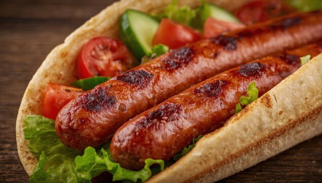 Close-up of grilled cevapcici in pita with fresh veggies, horizontal image