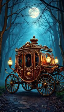 Gilded carriage, ornate carvings, moonlight glow, enchanted forest path,  opulent,  glow