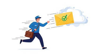 Running Mailman Delivering Fast Message/Email from Cloud, Express Delivery Concept Illustration