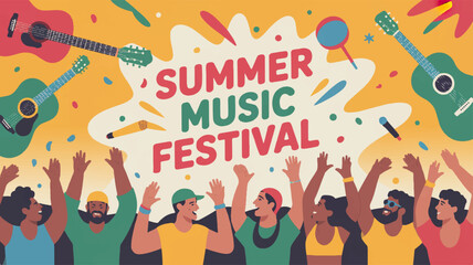 Obraz premium Vibrant summer music festival crowd with guitars and confetti lively atmosphere