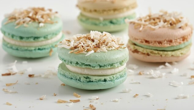 Coconut cookies macarons with copra on a white background closeup