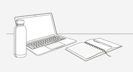 Laptop notebook and water bottle on a desk.