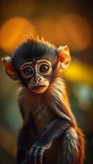 Fototapeta premium Soft focus captures a tiny primate's curious gaze, amber light glinting in its eye Dusty tones evoke forgotten jungle whispers, analog, curious