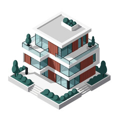 Fototapeta premium Modern three-story house with balconies and landscaped garden.