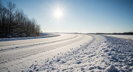 Obraz premium Curving snowy highway with bright sun illuminating winter landscape. Captivating snowy highway landscape showcases winding road and serene snowy surroundings.
