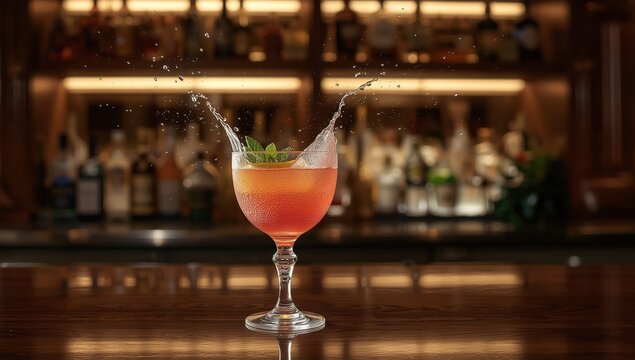 Concentrate on a chilled cocktail glass with splashing droplets
