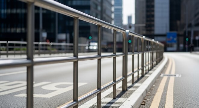 Pedestrian island with modern railing and blurred urban background on city road. Pedestrian island features sleek design elements and reflects city infrastructure for safety.